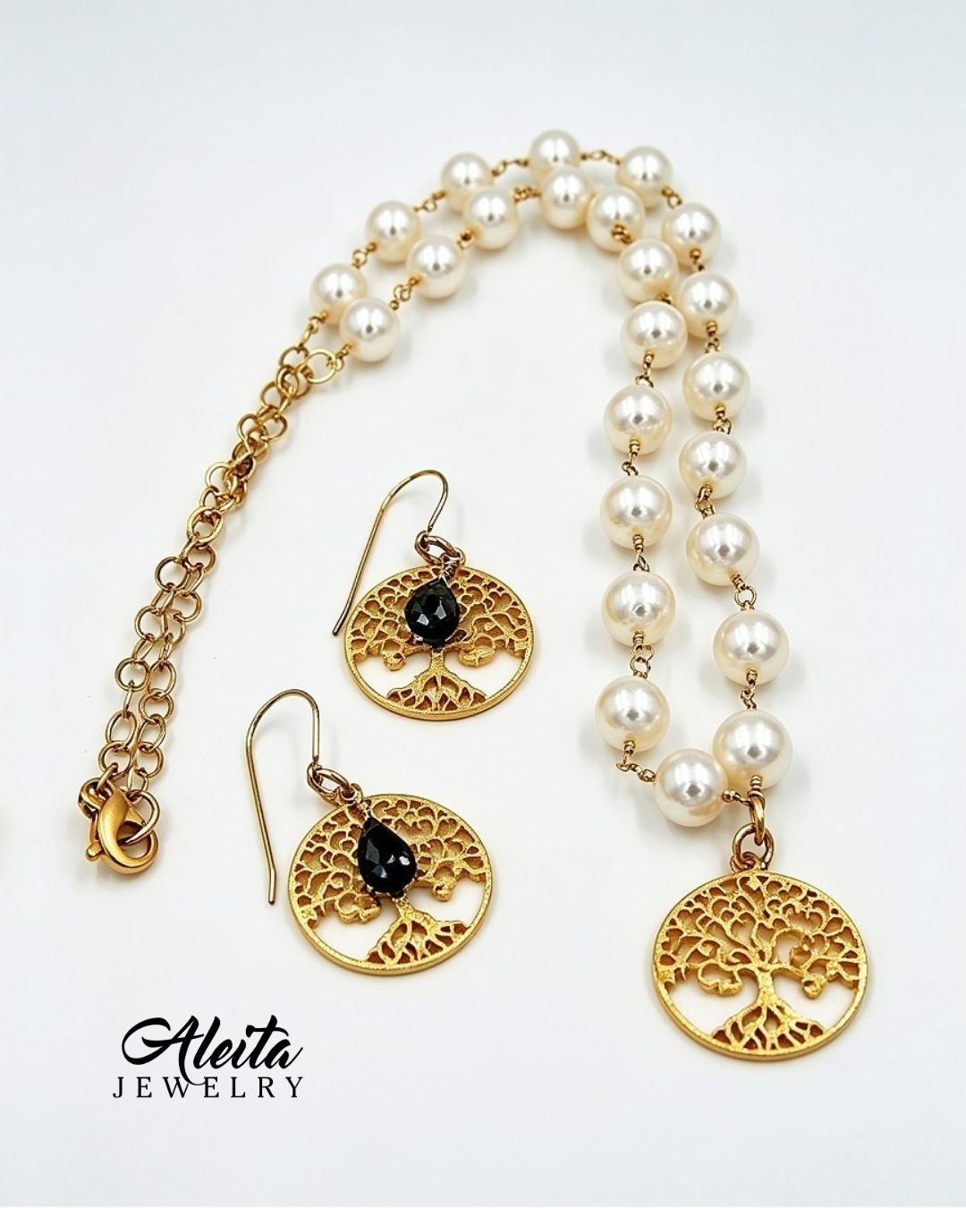 pearl-necklace-and-earrings-with-gold-tree-of-life-pendant-Aleita-Jewelry-one-of-a-kind-quality-jewelry-1350-sold-separately