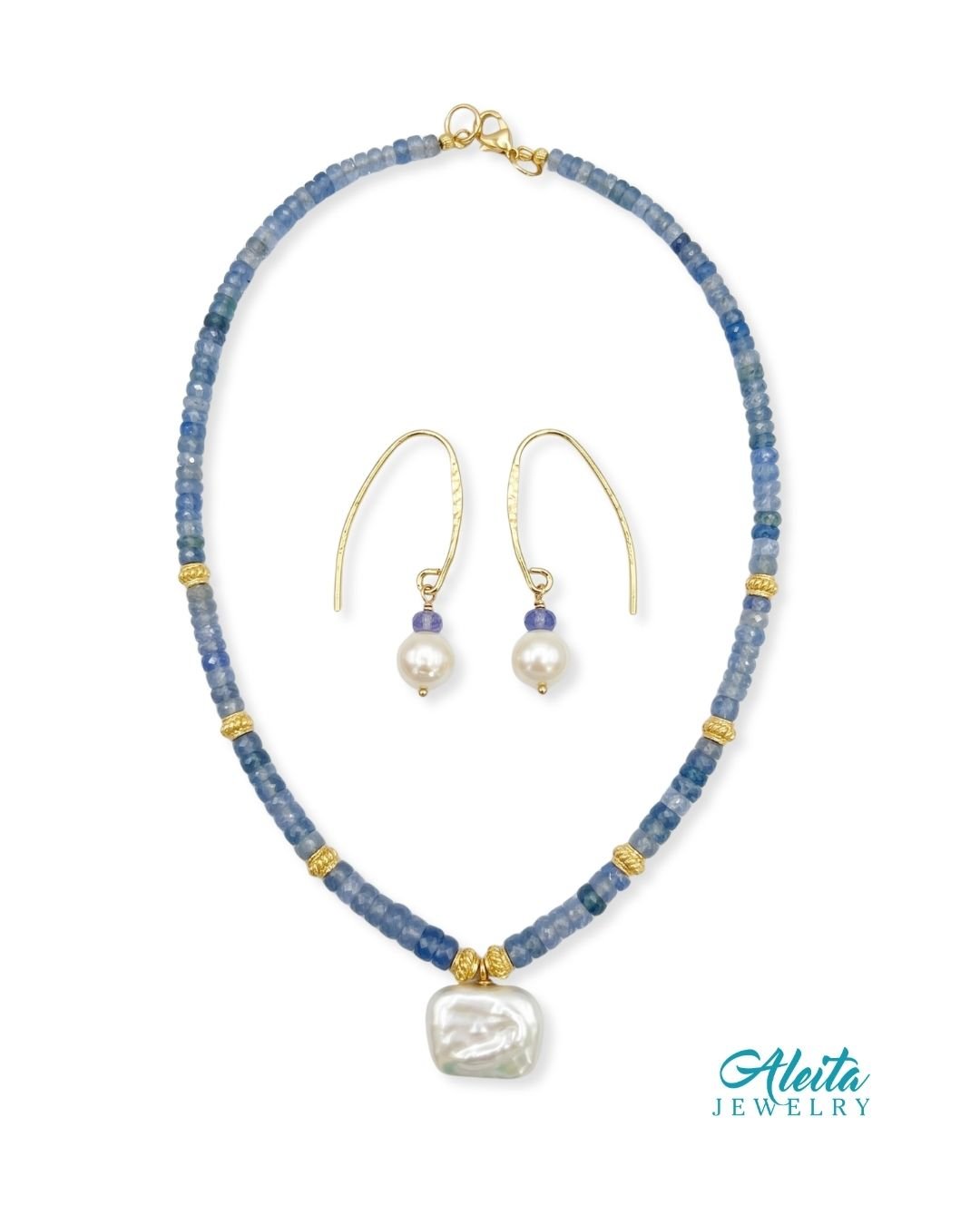 Blue Aquamarine Pearl Necklace and Earrings Set - Image 2