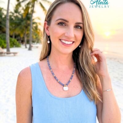 Blue Aquamarine Pearl Necklace and Earrings Set
