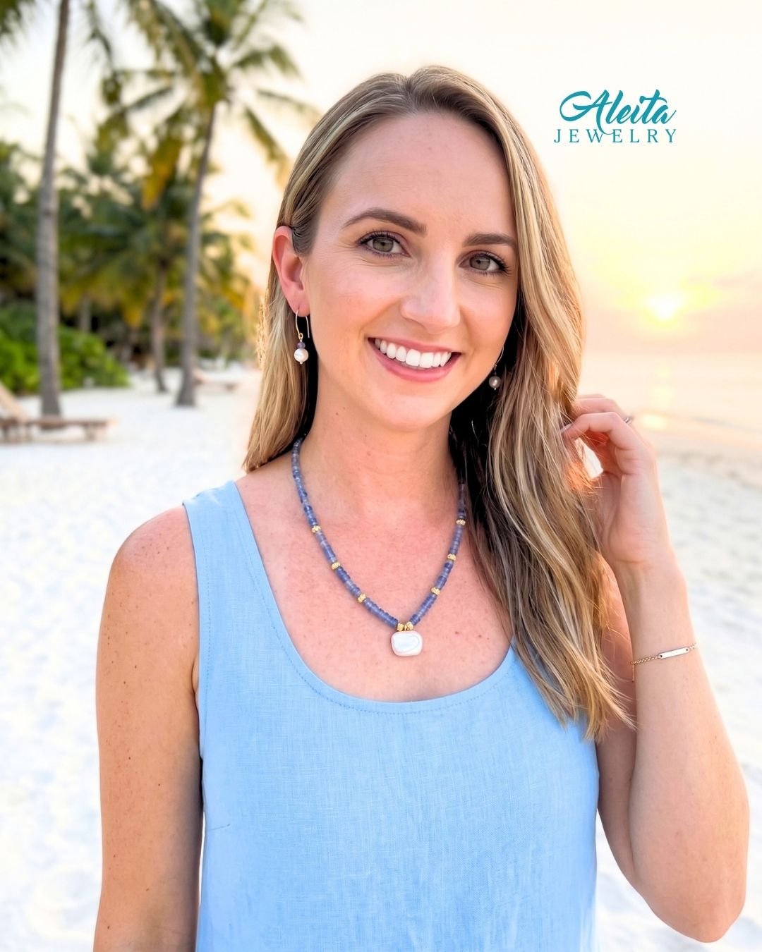 Blue Aquamarine Pearl Necklace and Earrings Set
