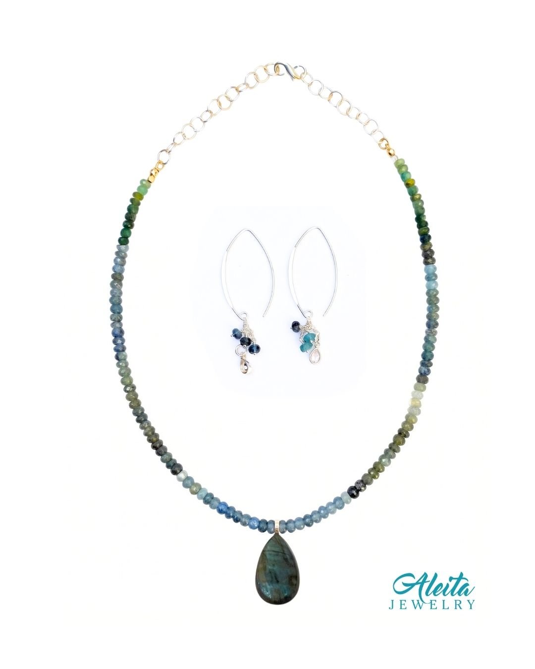 Moss Aquamarine Gemstone Necklace and Earrings Set - Image 3