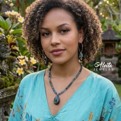 Moss Aquamarine Gemstone Necklace and Earrings Set