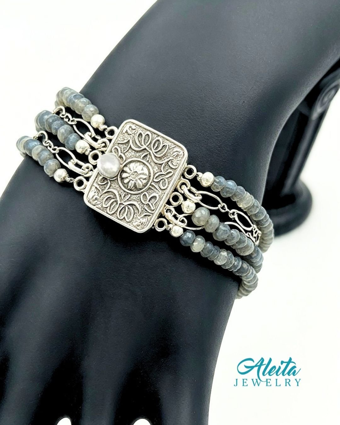 Labradorite and Sterling Silver Bracelet with Antique Locket