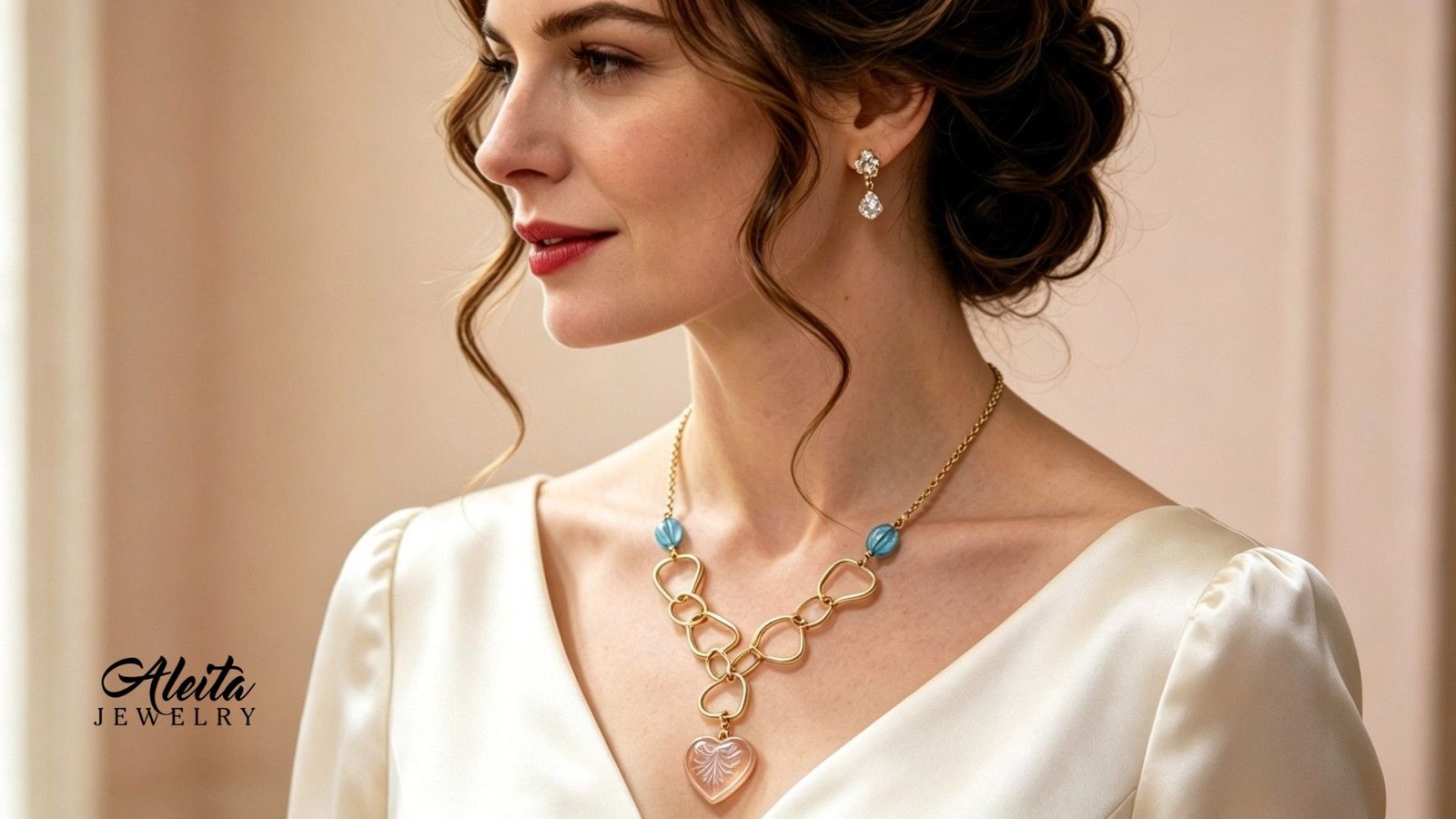 One of a kind, Crystal Carved Flower Necklace with Swiss Blue Topaz, Aleita Jewelry